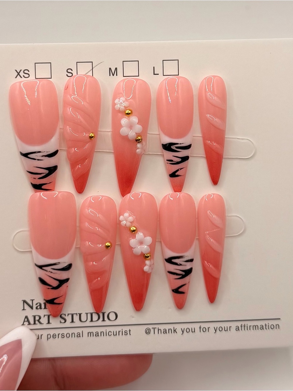 Peach Pink Stiletto Press-On Nails with Floral Accent